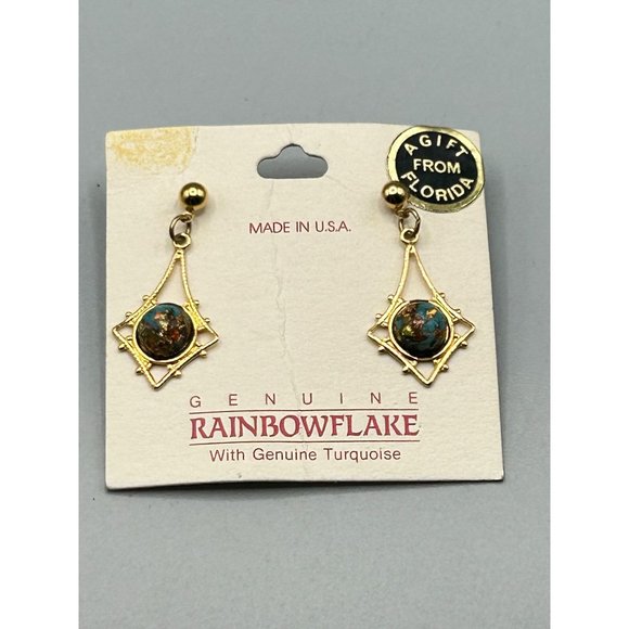 Vintage Rainbowflake Earrings Pierced Dangles Genuine Turquoise New Old Stock - Picture 4 of 7